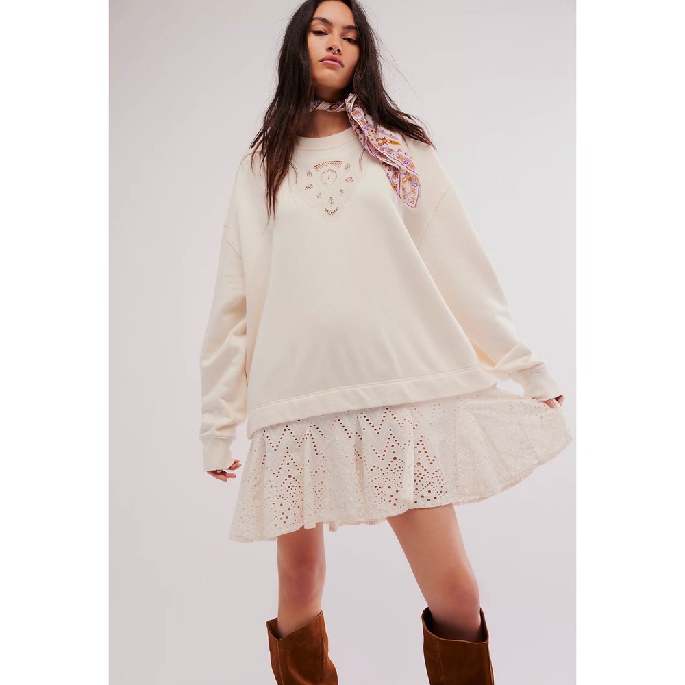 Free People Prairie Sweatshirt Tunic Dress Eyelet Lace Swing Hem Ivory Small